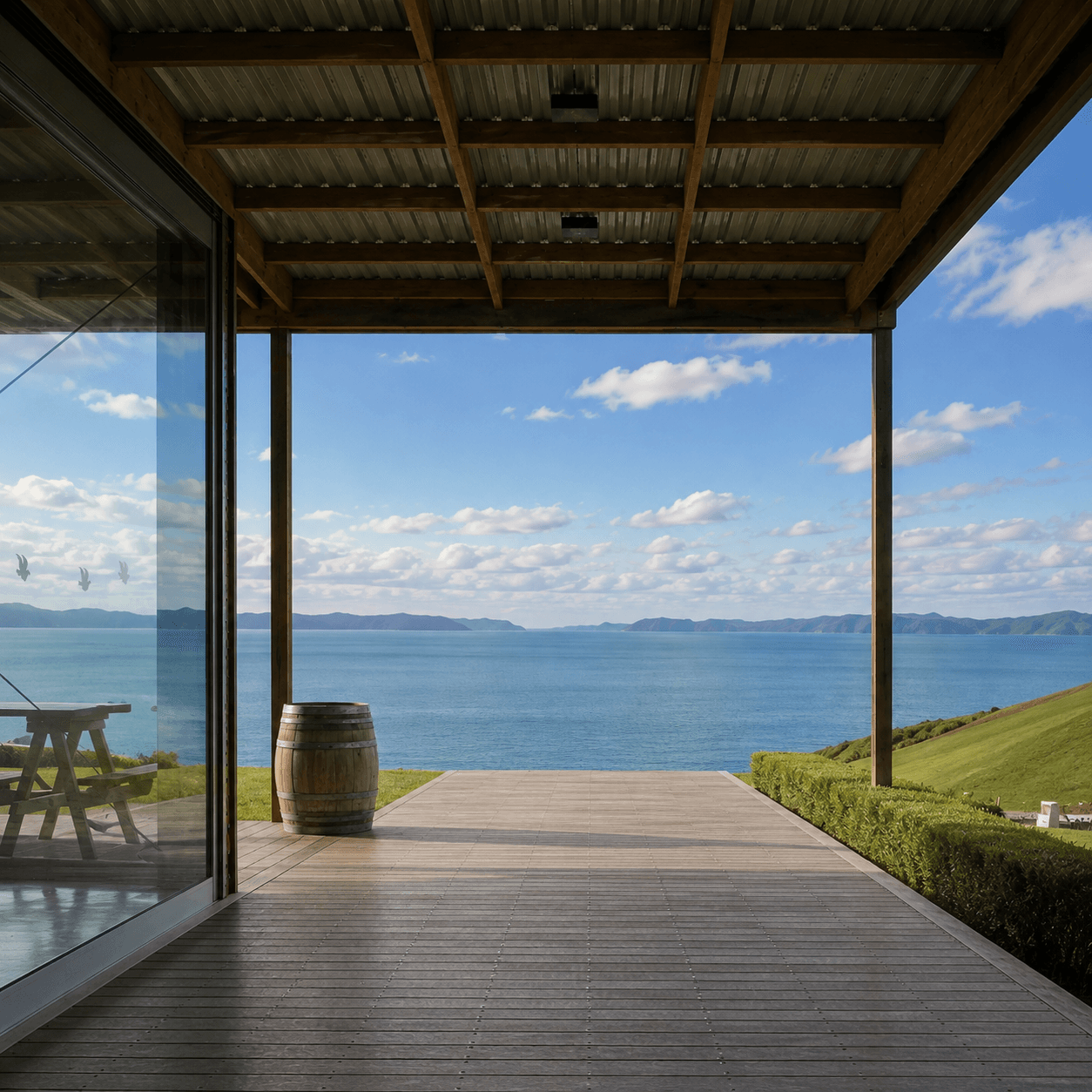 The covered deck at Kauri Bay Boomrock looking out over the bay, a wine barrel at the end of the boardwalk